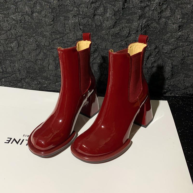 

Smoke Boots Coarse Heel Patent Leather Short Boots Women s Christmas Wear Burgundy New High Heel Chelsea Boots 34 бордовый