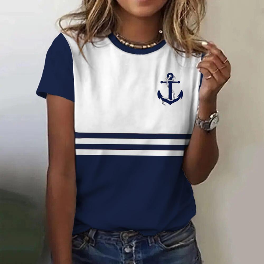 T-shirt da Donna con Stampa 3D di Ancora per Barca Estiva, Maglietta Casual da Donna a Maniche Corte, T-shirt alla Moda con Scollo a O, Top Harajuku, Abbigliamento Femminile