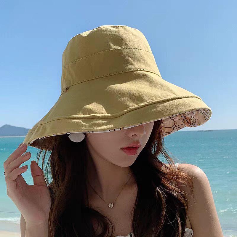 New bucket hat women's summer double-sided large brim sunshade sun protection hat face protection UV sun hat