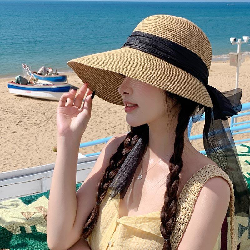 Big brim straw hat women's sunscreen foreign style fashion bow seaside beach sunshade breathable face little fisherman hat