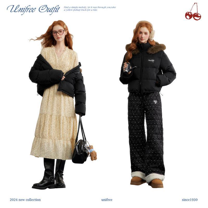 UNIFREE Women's Short Padded Down Jacket with Fur Hood