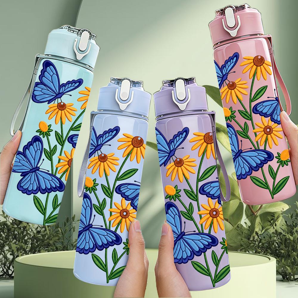 1PC Blue Butterfly Daisy Floral 750ml Color Plastic Sports Water Bottle Leakproof Flip Straw Lid Suitable for Sports Office Home Use