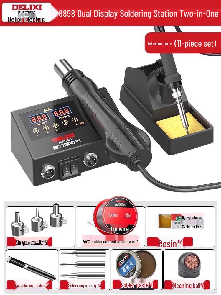 Delixi Electric 2-in-1 Soldering and Desoldering Station with Hot Air Gun and Worktable