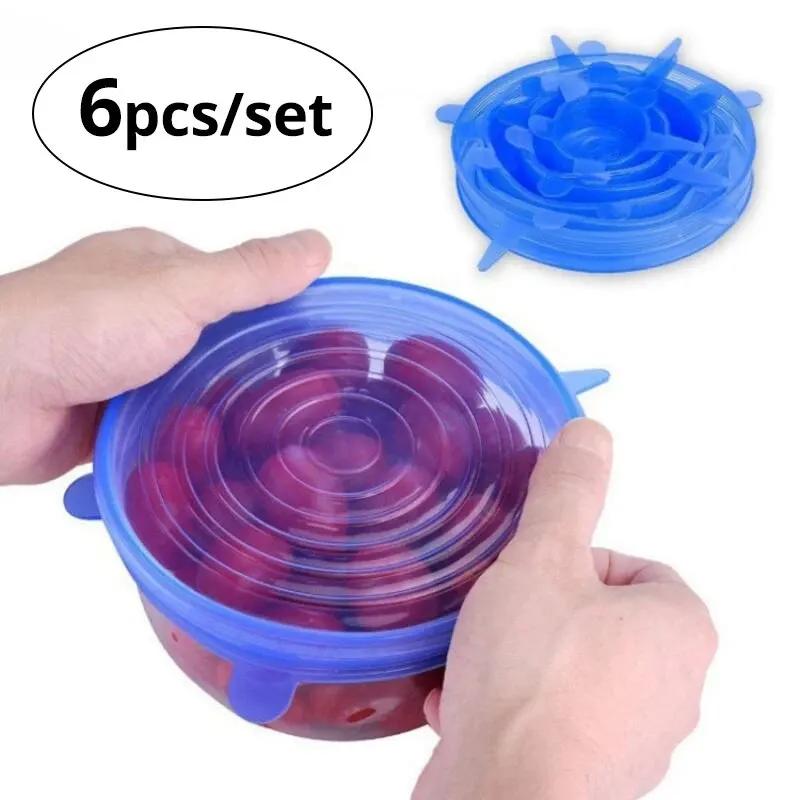 6Pcs/Set Transparent Silicone Kitchen Utensils Fresh-keeping Stretch Universal Bowl Crisper  Cover Refrigerator Microwave Oven S