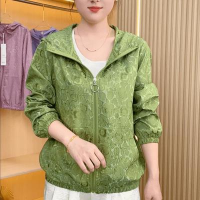 Damen Freizeit Kapuzen Sonnenjacke Sommer Mode Atmungsaktiv Locker Dünn Jacquard Reißverschluss Jacke