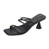Black one-word sandals 2025 new summer high heels French women's shoes thin heel square head sandals tide