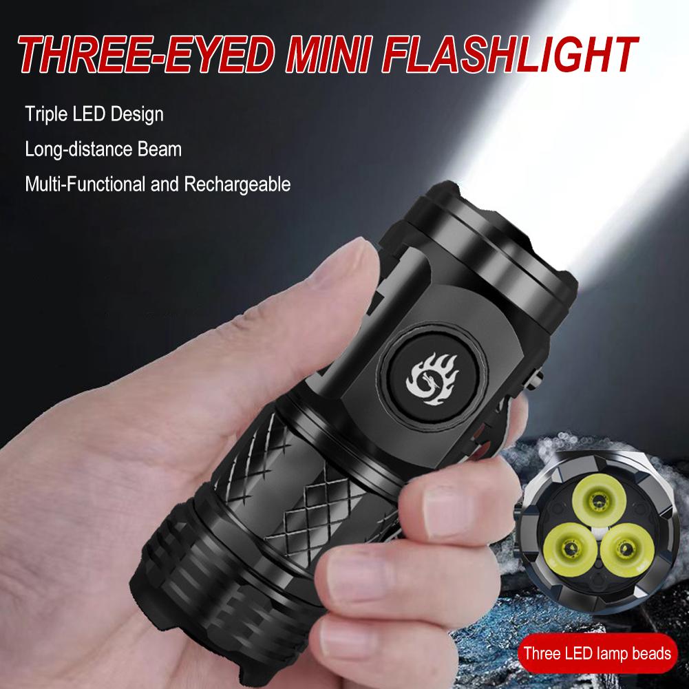 Mini Led Three Eye Small Flashlight Strong Light Rechargeable Super Flashlight Lighting Long-range Home Bright Portable Han I1f1