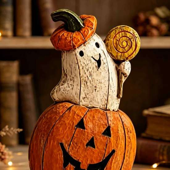 Vintage Halloween Party Favors Pumpkin Ghost Wooden Figurine, Tabletop Decor, Jack O Lantern Solid Wood Festive Centerpieces Statue with Stable Base,