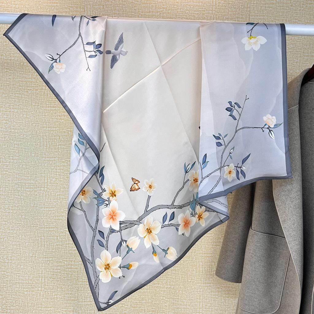 National Style Small Fresh Plum Silk Silk Scarf Spring And Autumn Scarf 100% Mulberry Silk 90 Square Scarf Decorative Scarf Shawl