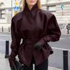 Women's Vintage Burgundy PU Leather Jacket Stand Collar Long Sleeve Belt Waist Slim Fit Faux Leather Coat Autumn Winter Outerwear