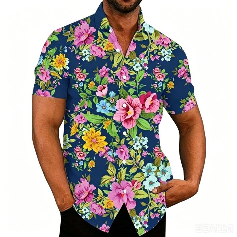 Tibet Blau Bunt Blume Schwarz Basis Rose Kurzarm Retro Große Blume Locker Hawaiianisches Hemd
