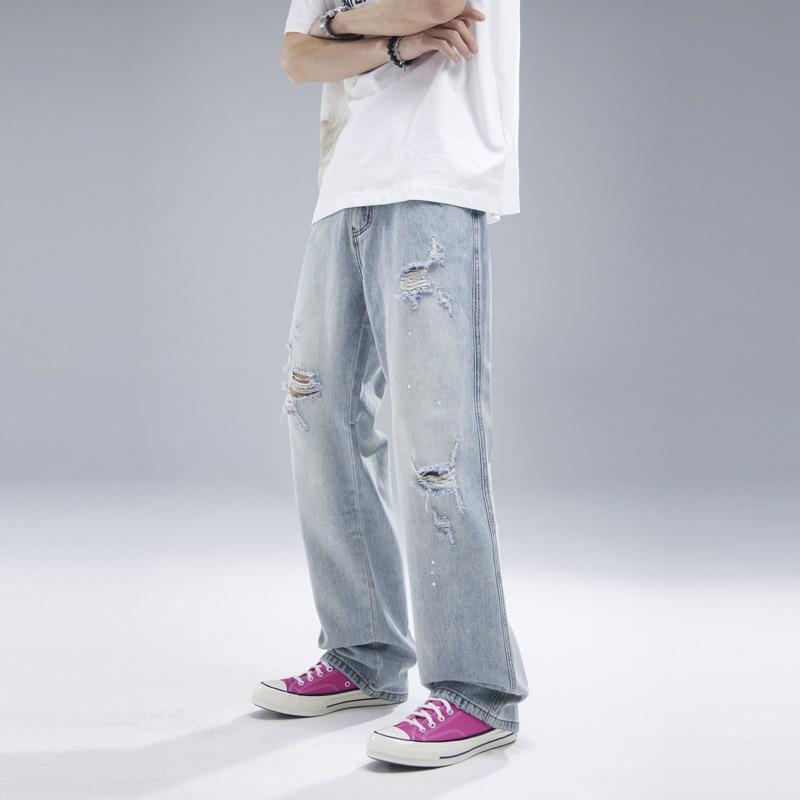 American Ripped Jeans for Men's New Style of Draped Straight and Slightly Flicked Ink Splashing Design Casual Pants