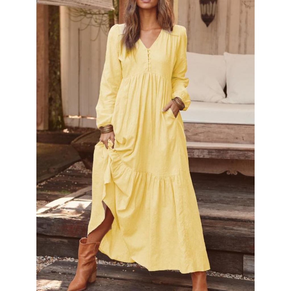 Women's V Neck Long Sleeve Maxi Dress Straight Fit High Waist Casual Solid Color Ruffle Tiered Long Dress