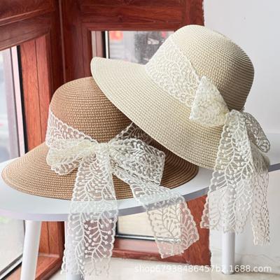 Lace Bow Straw Hat Women's Summer Sun Protection Sun Hat Beach Outdoor Big Eaves Hat Bucket Hat Basin Hat