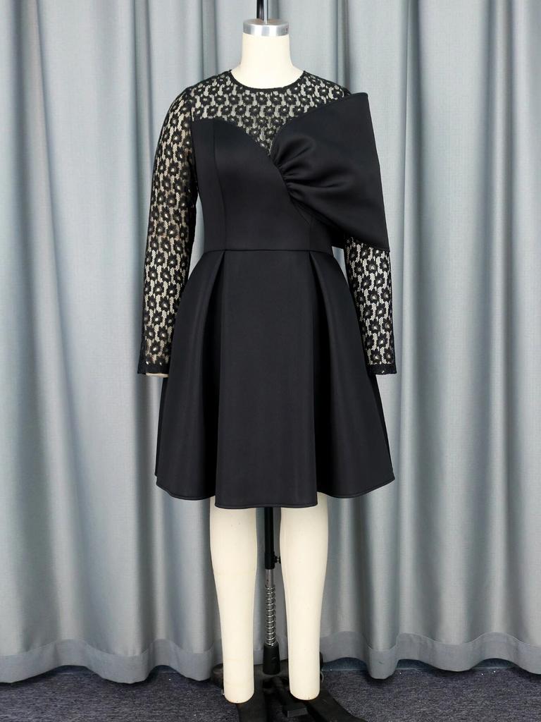 Czarna sukienka o linii A, dekolt w kształcie litery O, długi, koronkowy rękaw, wysoka talia, plisowana do kolan, wieczorowa, urodzinowa, koktajlowa suknia balowa