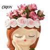 Maceta para Suculentas Chica Linda Maceta de Resina, Maceta Cabeza con Guirnalda de Rosas, Maceta Decorativa Cactus Decoración de Escritorio Interior