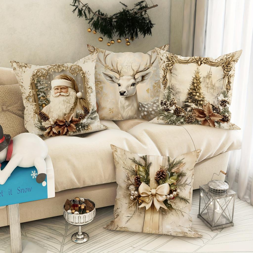 4-Piece Santa Claus Reindeer Tree Bow Pillowcase Set, Vintage Gold And White Comfortable Soft Decorative Cushion Covers