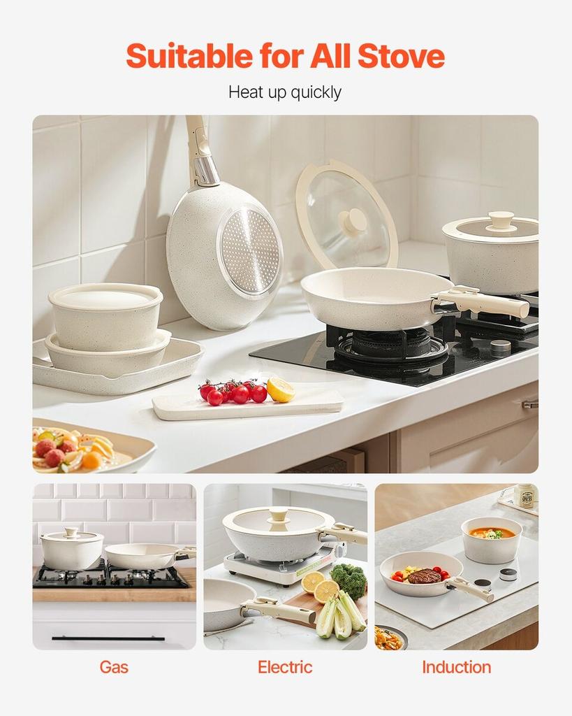 17 Piece Pots and Pans Set Granite Nonstick Kitchen Cookware White