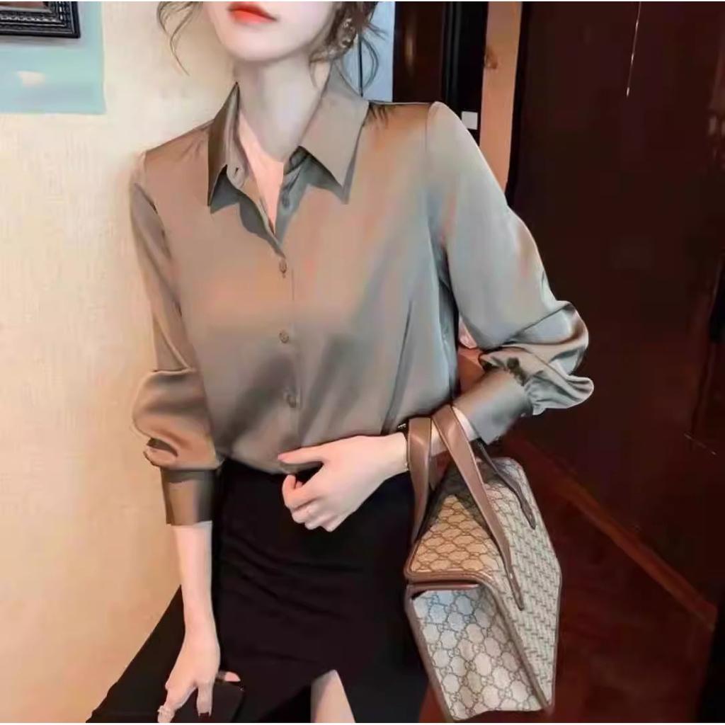 Korean Commute Spring Autumn Satin Blouses Women's Polo Neck Solid Button Loose Ruched Long Sleeve Casual All-match Shirts