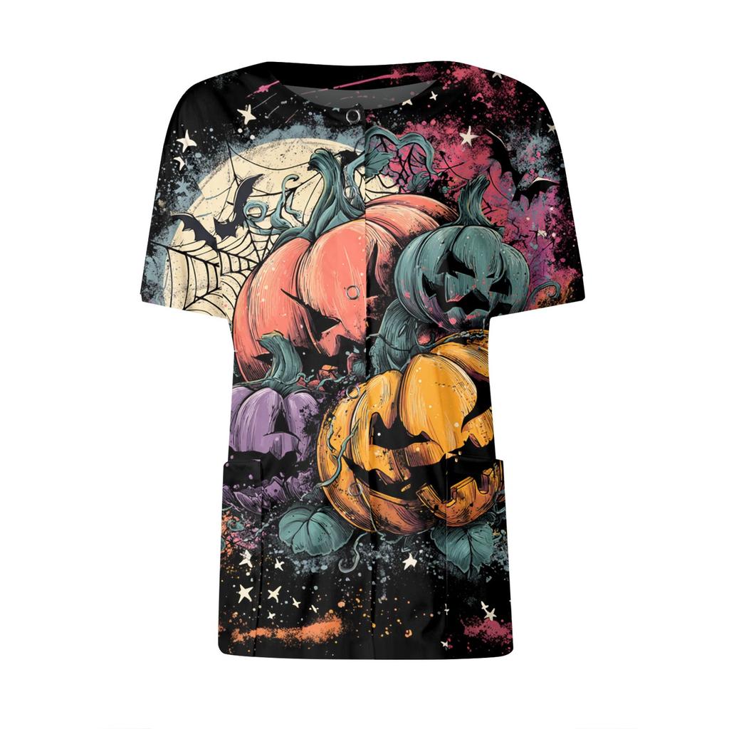 Women's Short Sleeved Patterned Pockets, Work Print Stand Up Collar, Single Breasted Protective Clothing, Cardigan Jacket, Top