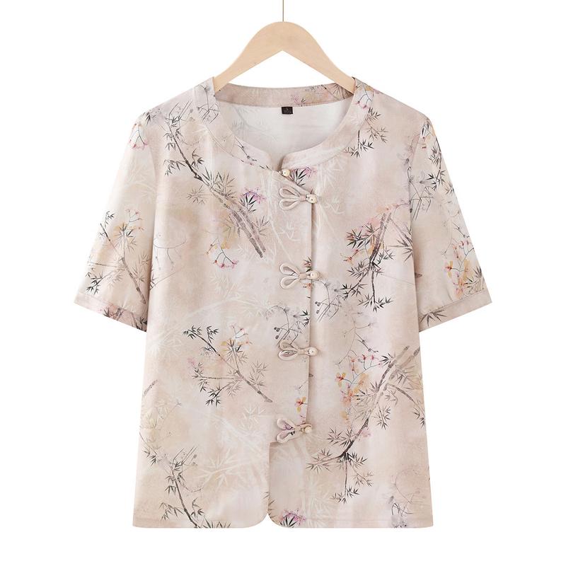 Yuzhaolin New Chinese Style Frog Button Printed Short Sleeve Top 2XL