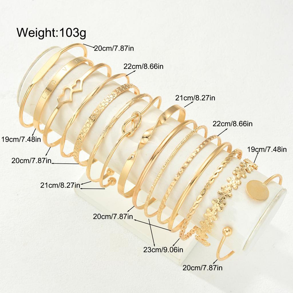 15pcs Bohemian Punk Heart Flower Bracelets Set for Women Elegant Minimalist Geometric Pattern Design Cuff Bangles Wrist Jewelry