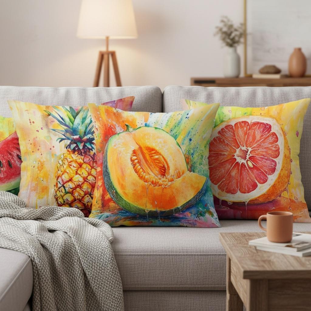 4Pcs Watercolor Fruit Throw Pillow Covers, Double-Sided Printed Pineapple Watermelon Print Cushion Cases, Summer Tropical Decor