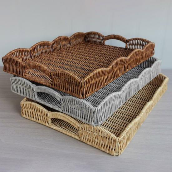 Storage Tray Wicker Basket with Handles Retro Rattan Weave Design Easy To Clean Multi-Functional Countertop Organizer