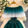 Elegant Gradient Shiny Pleated Dress Cape Shoulder Pearl Beads 3D Floral Applique Scalloped Waist Belt A Line Midi Dress
