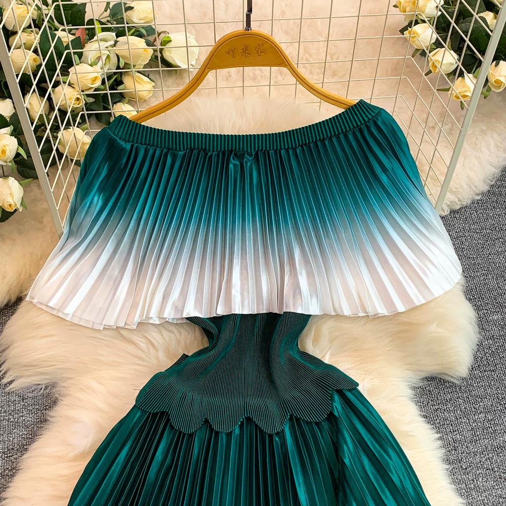 Elegant Gradient Shiny Pleated Dress Cape Shoulder Pearl Beads 3D Floral Applique Scalloped Waist Belt A Line Midi Dress