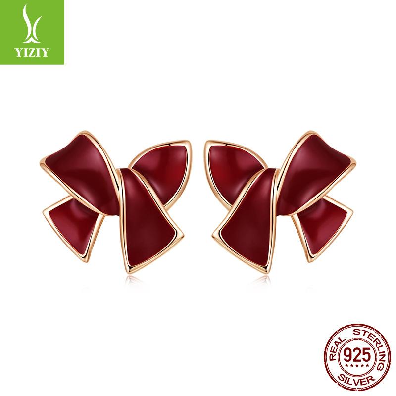 Burgunder Schleifenstecker Exquisit und Elegant S925 Sterlingsilber Hongkong Stil Stecker