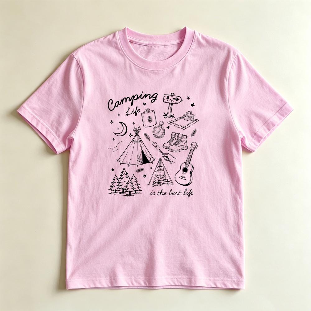 Camping Life Is The Best Life Graphic Tshirt Minimalist Line Art Outdoor Nature Tee Tent Mountain Guitar Camp Lover Casual Shirt S