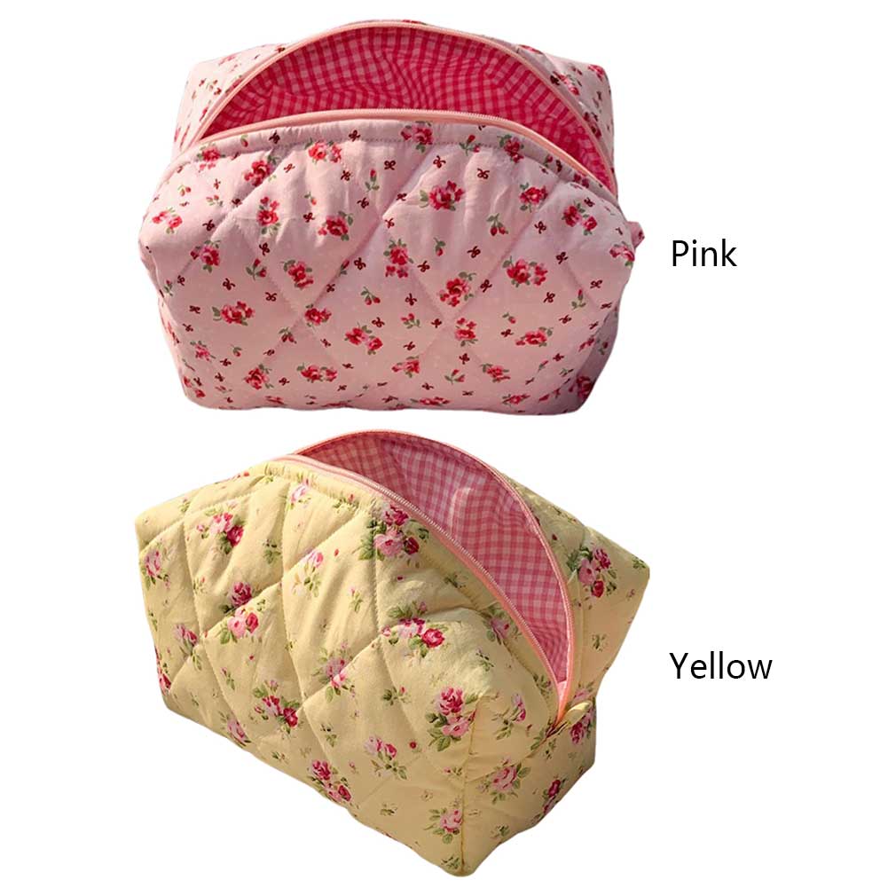 Cute Floral Makeup Bag Large Quilted Travel Makeup Pouch with Zipper Makeup Organizer Storage Bag Soft for Women and Girls