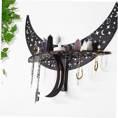 Wall Mounted Display Rack Wood Moon Phase for Crystals and Jewelry Aesthetic Home Decor Shelf with Hooks for Stones and Accessories