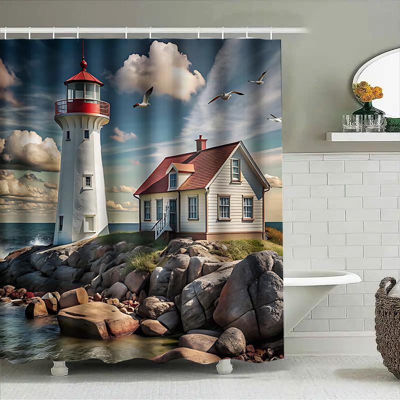 Lighthouse and House Shower Curtain - Coastal Scene Decor for Bathroom - Durable Waterproof Fabric with Vibrant Colors