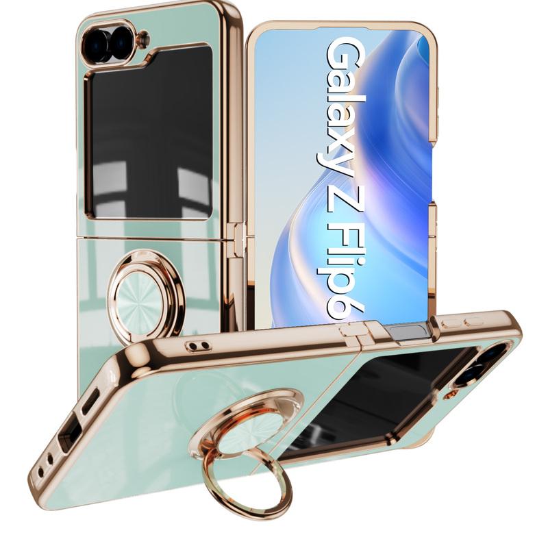 Luxury Plating Metal Ring Holder Phone Case For Samsung Galaxy Z Flip 5 4 / Z Fold 6 7 Flip7 Fold7 5G Silicone Back Cover Funda