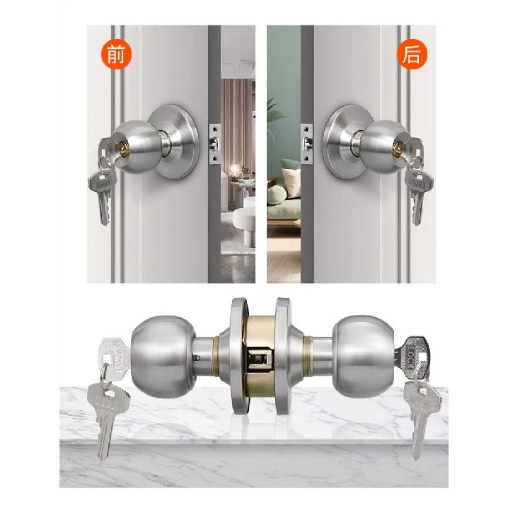 Cerradura Esférica de Doble Cara para Llave de Lengüeta Única Manija de Acero Inoxidable Cerraduras para Puertas de Dormitorio Pomo de Puerta Interior con Cerradura y Llave