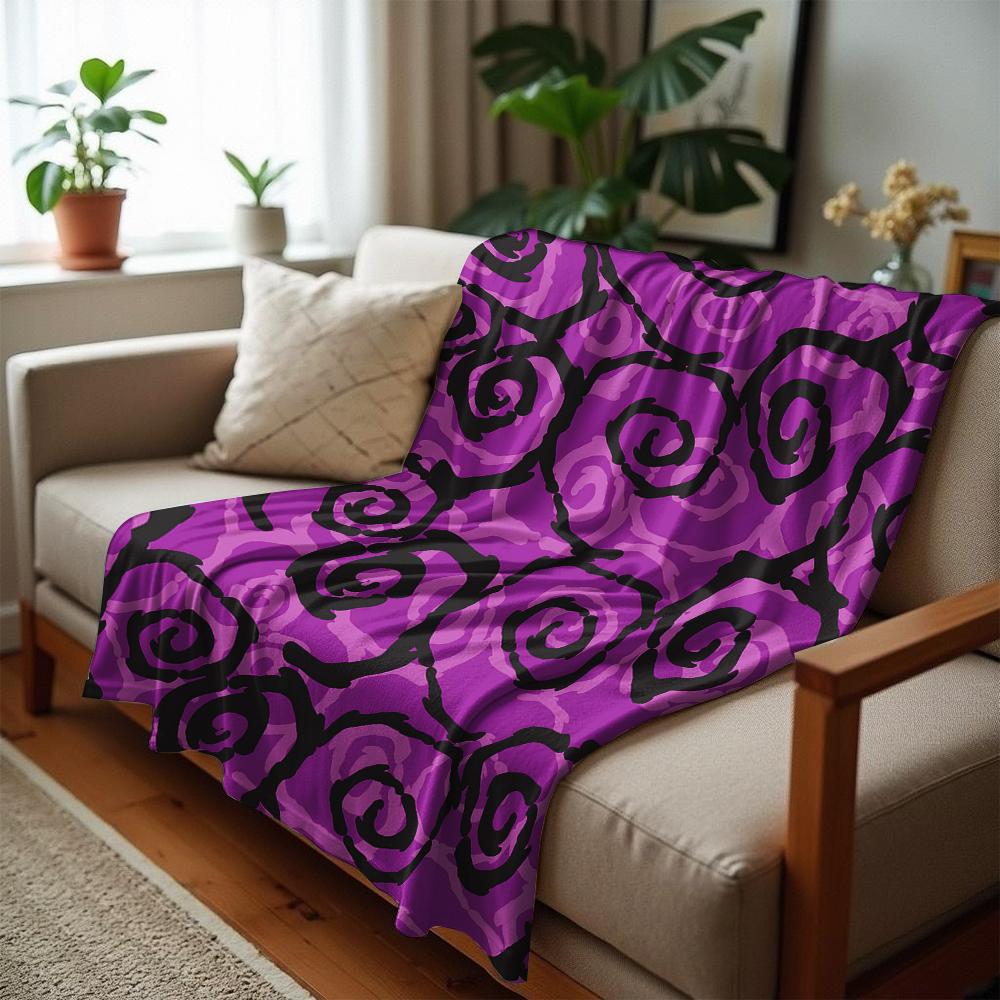 Purple Black Line Rose Motif Soft Flannel Blanket Breathable Warm Throw for Office Car Sofa Kids Room Birthday Xmas Gift