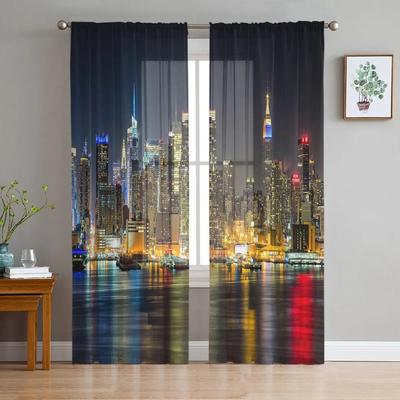 Transparente Vorhänge mit Manhattan-Stadtnachtansicht für die Wohnzimmerdekoration, Tüll-Voile-Organza-Fenstervorhänge für Küche und Schlafzimmer