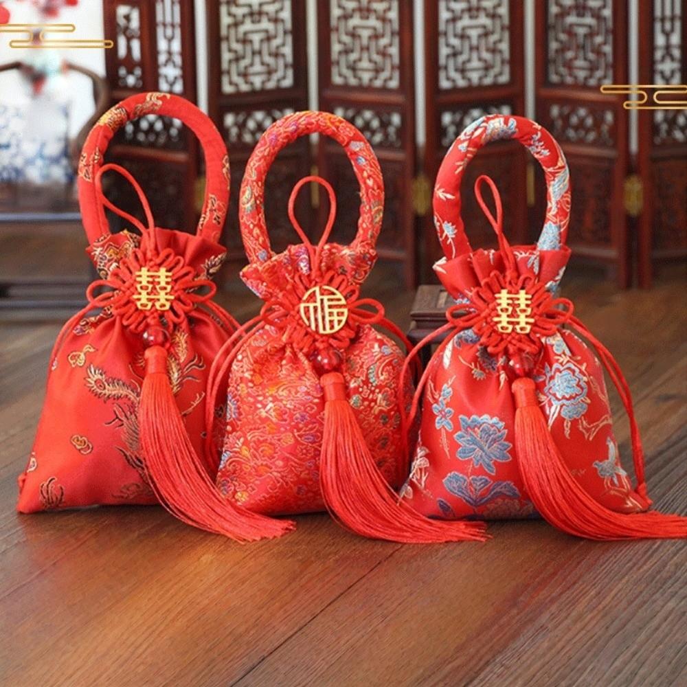 Chinese Style Canvas Flower Drawstring Bag Dragon Phoenix Festive Sugar Bag Storage Bag Korean Style New Year Bucket Bag Wedding
