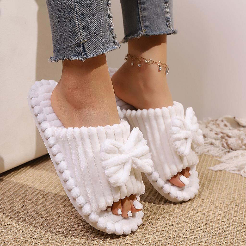 Warme Hausschuhe mit Schleifendekor, lässige Plüschschuhe mit offener Spitze, bequeme Hausschuhe