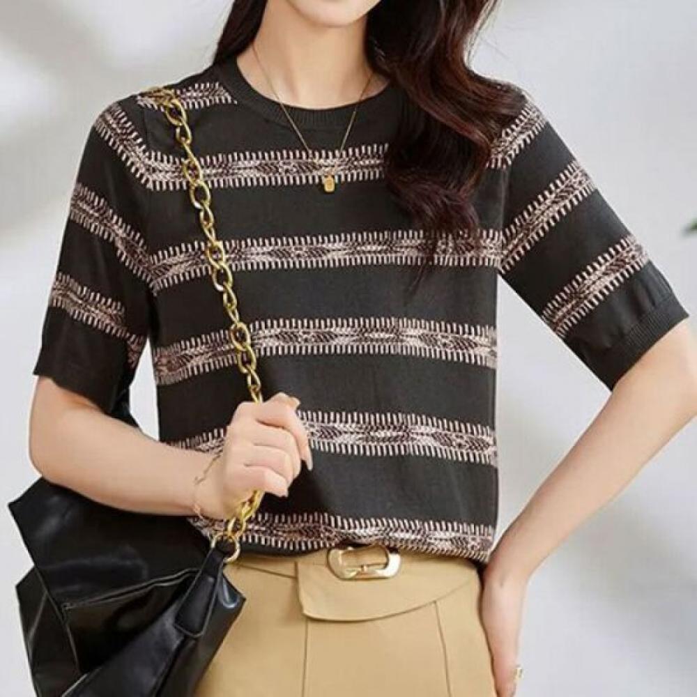 Navava Ethnic Vintage Stripe Short Sleeve Knit Tee Nk2990