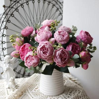 30cm Roze Zijde Pioen Kunstbloemen Boeket 5 Grote Kop en 4 Knop Goedkope Nepbloemen voor Thuis Bruiloft Decoratie binnen