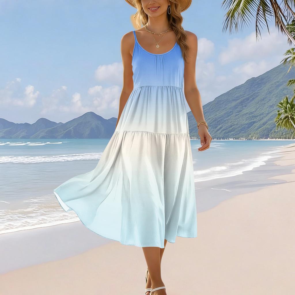 Damen Sommer Mode Bedrucktes Tasche Verstellbarer Schultergurt Bohemian Freizeit Strand Resort Trägerkleid