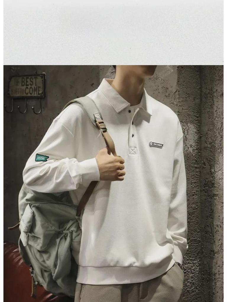 Men's White Chinese Cotton Polo Sweater: Long Sleeve, Velvet-Lined, Autumn/Winter.