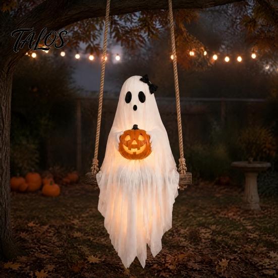 Seasonal Room Ornaments Halloween Lighted Ghost Swing with Glowing Pumpkin, Hanging Spooky Decor Unique Night Accessories for Porch Yard, LED Floating