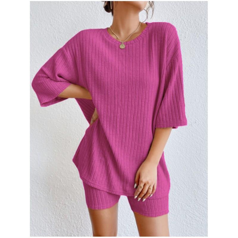 Ensemble Décontracté Femme Printemps/Automne Couleur Unie Haut Ample à Col Rond + Short Ensemble Frais Deux Pièces