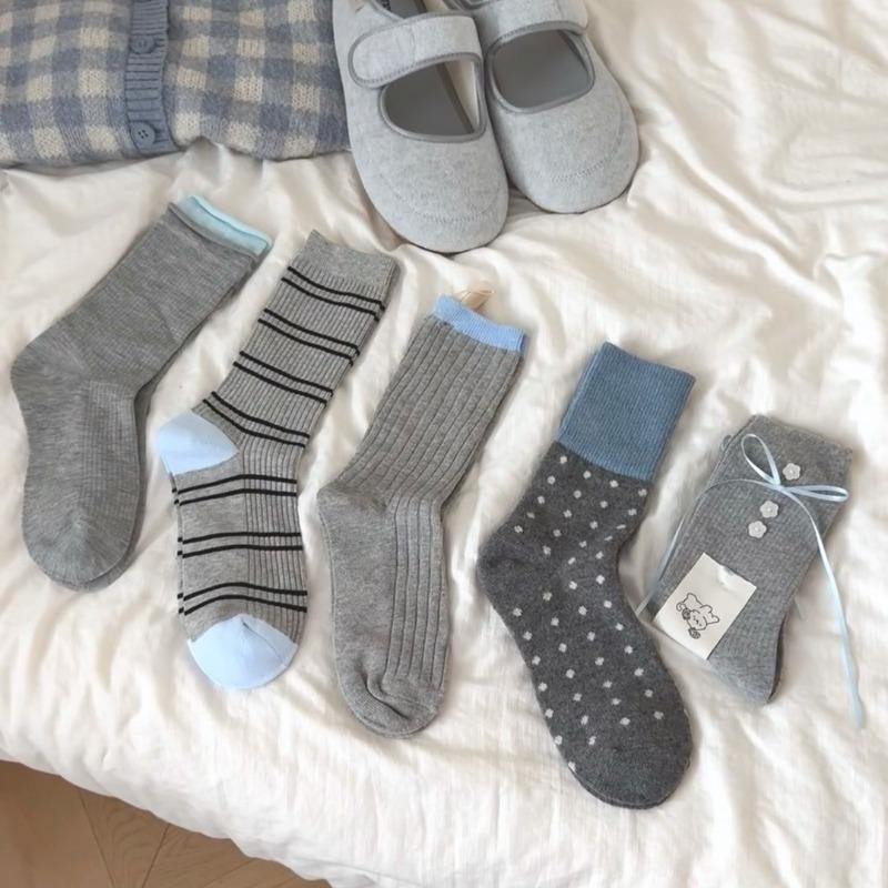 Grayish-blue Socks, Sweet Ribbons, Bows, Buttons, Autumn and Winter Piles of Socks