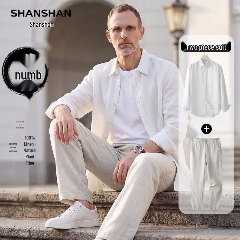SHANSHAN Men's Chinese Style Pure Linen Two-Piece Set