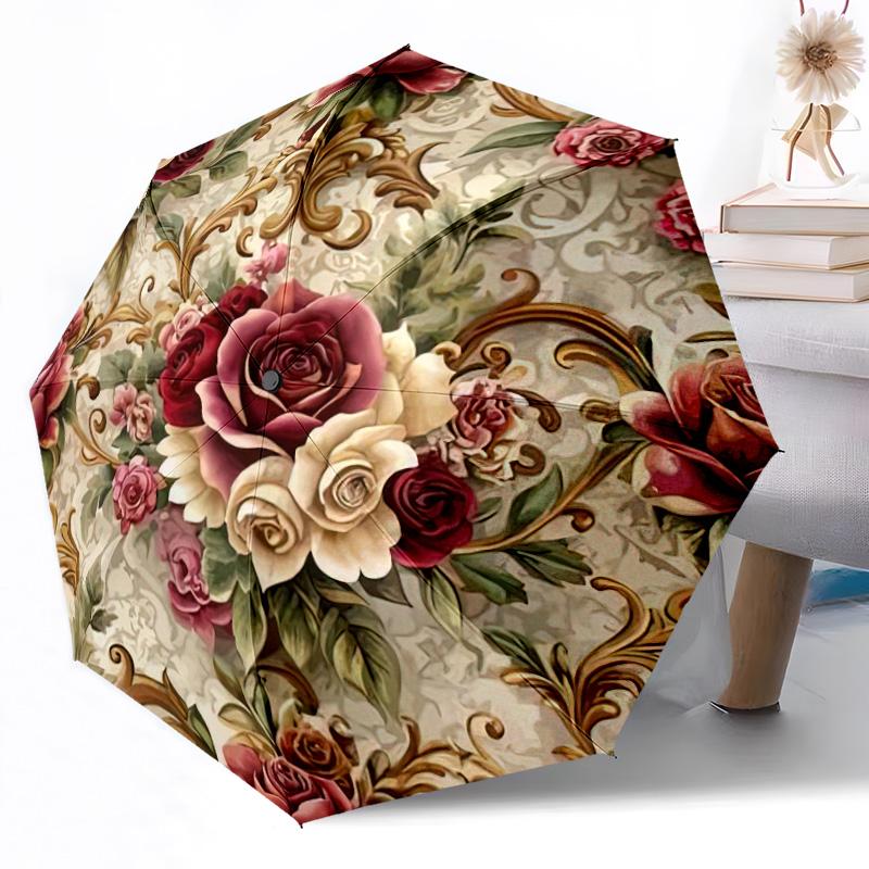 Blumiges Verziertes Rahmen Design Außen Automatischer Regenschirm Einziebares Design mit 8 Speichen Langlebigkeit Leicht Perfektes Geschenk für Freunde Familie